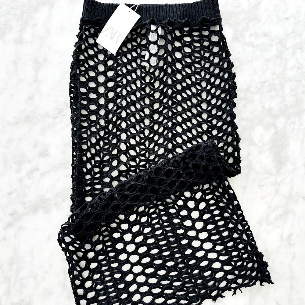 ZARA Crochet Maxi Skirt Black Cover-Up Beach Size Small NEW Cotton Knit - Picture 6 of 8